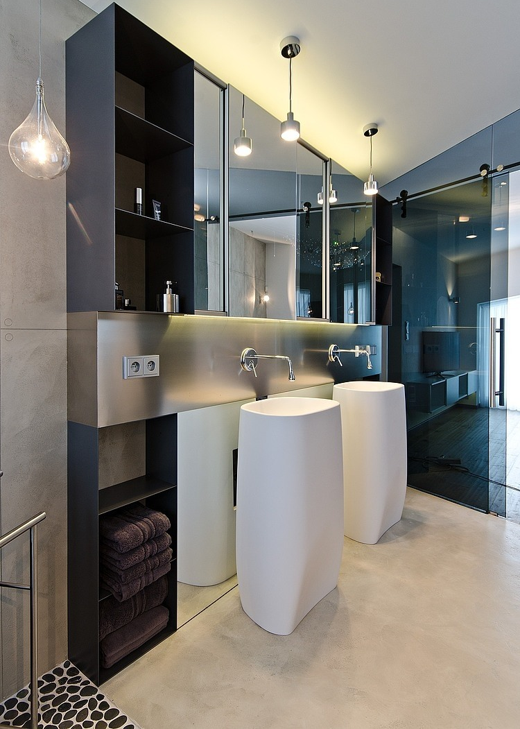 meuble-salle-bain-acier brossé rangement lavabos colonnes suspensions design