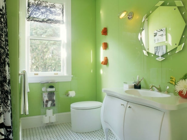 meuble salle de bain blanc peinture murale verte style rétro