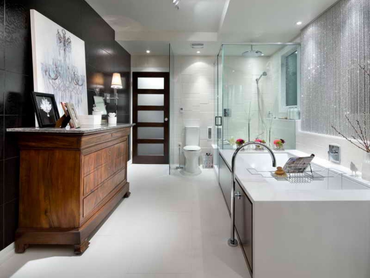 meuble-salle de bain bois massif baignoire moderne style éclectique
