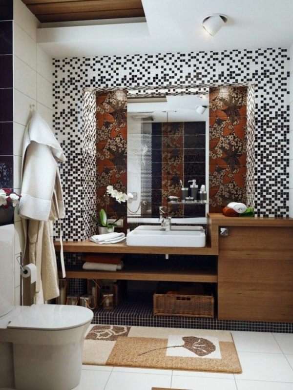 meuble salle de bain bois massif murs mosaique graphique