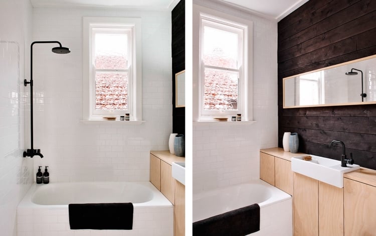 meuble de salle de bain chêne blanchi mur bois foncé carrelage blanc