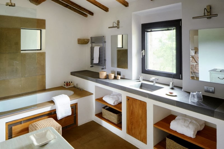 meuble salle bain style campagne bois blanc pierre grise