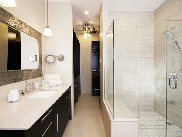 meuble de salle de bain noir plan vasque blanc cabine douche