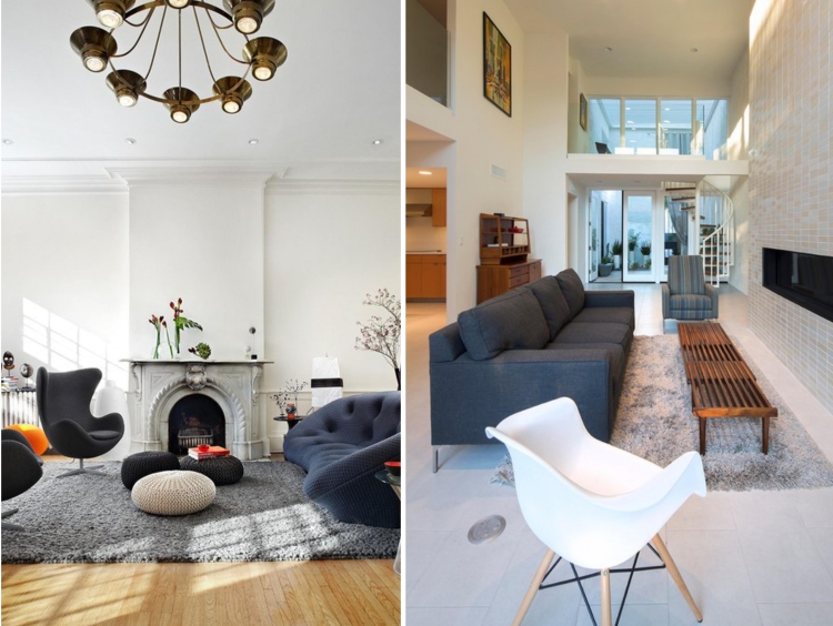 meubles-design-vintage-gris-foncé-tapis-shaggy-gris-clair