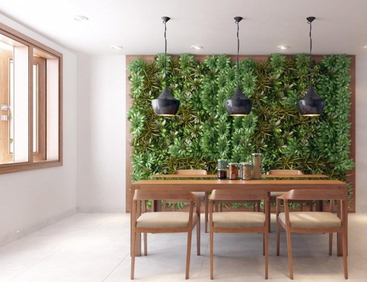 meubles salle manger bois mur végétal-intérieur