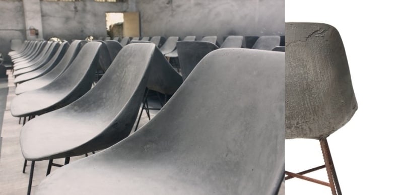 mobilier-beton-chaises-béton-pieds-armature-design-minimaliste mobilier béton