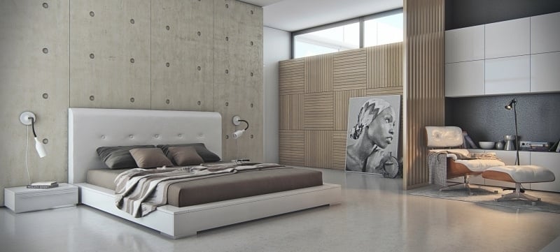 mobilier-beton-chambre-coucher-mur-accent-béton-panneau-mural-bois