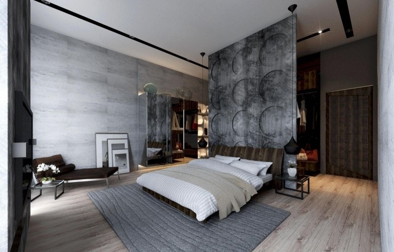 mobilier-beton-chambre-coucher-murs-béton-parquet-tapis-gris mobilier béton