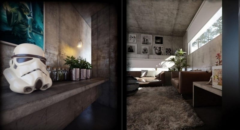 mobilier-beton-murs-béton-exposé-tapis-shaggy-gris-canapés-cuir-marron mobilier béton