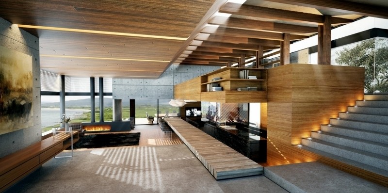 mobilier-beton-plafond-bois-cheminée-escalier-mur-accent-béton mobilier béton