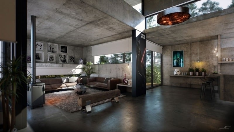 mobilier-beton-plafond-murs-béton-canapé-cuir-banc-bois-massif-plantes-vertes