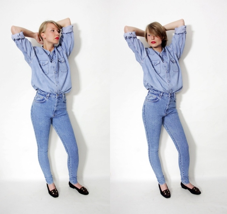 mode-années-80-chemse-jeans-dans-pantalon-élastique-jeans