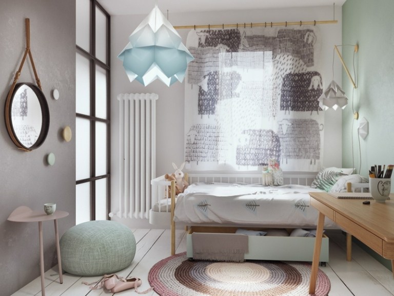 mur-beton-chambre-enfant-tapis-rond-lit-rangement-lustre-graphique-rideaux-brebis mur béton