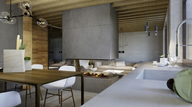 mur-beton-cheminée-béton-moderne-table-manger-bois-canapé-beige-suspensions-métal