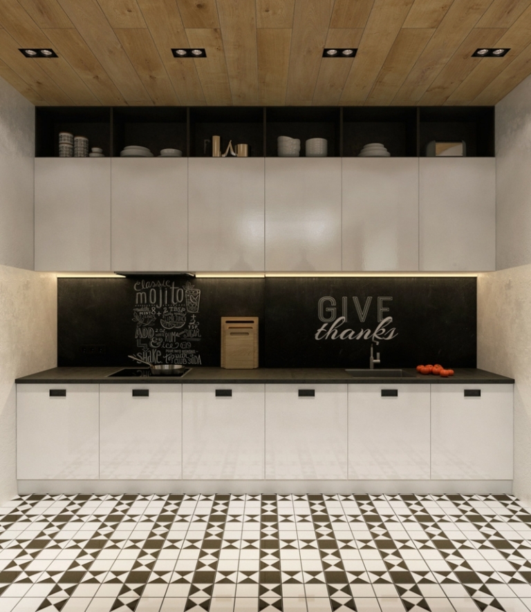mur-beton-cuisine-armoires-blanches-crédence-peinture-ardoise-carrelage-sol-blanc-gris