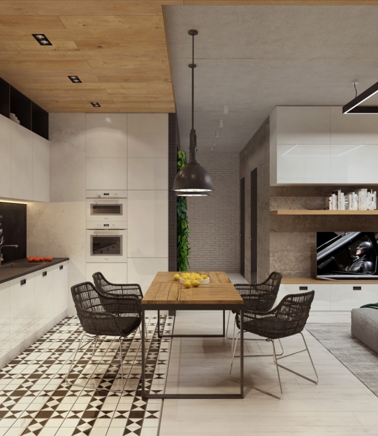mur-beton-cuisine-armoires-blanches-table-manger-bois-carrelage-sol-motifs-suspensions-noires
