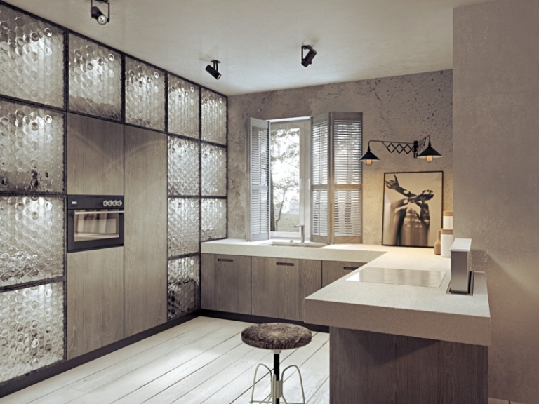 mur-beton-cuisine-armoires-façade-verre-facetté-bois-grisâtre mur béton