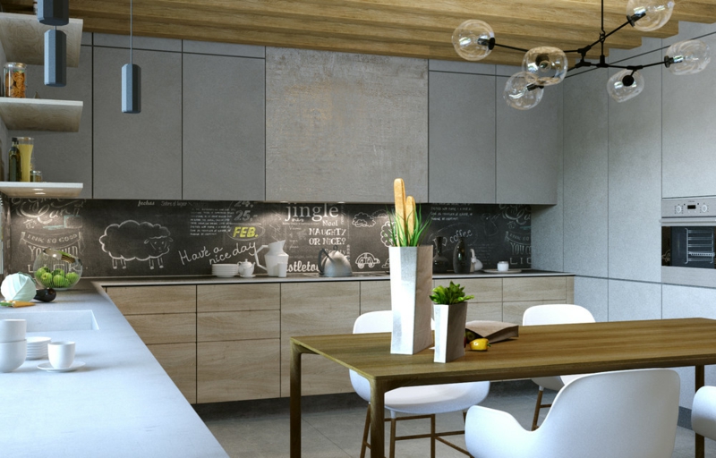 mur-beton-cuisine-coin-repas-table-manger-bois-chaises-blanches-lustre-verre-métal