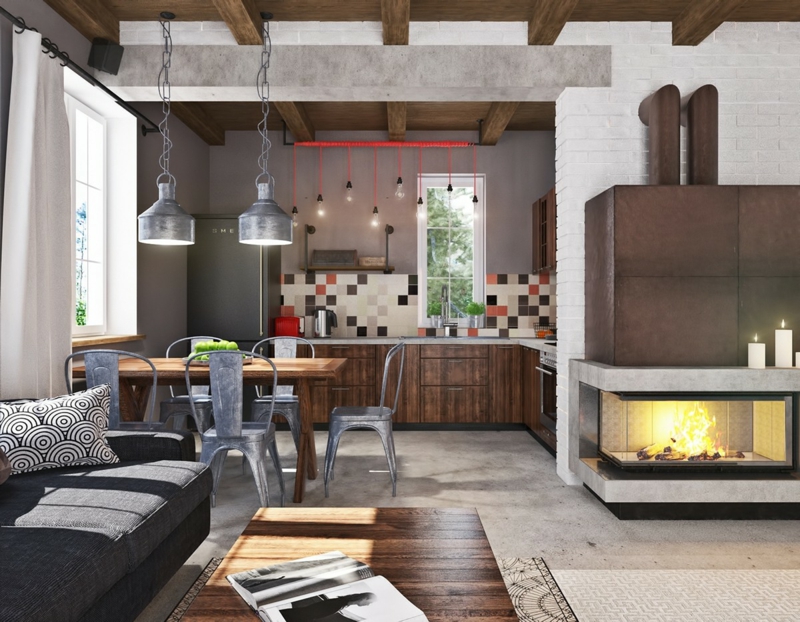 mur-beton-cuisne-armoires-bois-salle-séjour-cheminée-acier-corten-canapé-gris