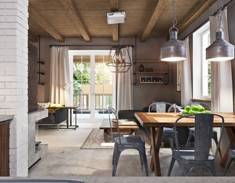 mur-beton-haut-plafond-bois-table-manger-bois-chaises-métal-suspensions-lustre-graphique mur béton