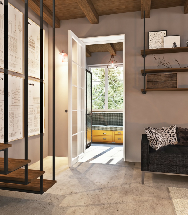 mur-beton-plancher-béton-canapé-gris-escalier-suspendu-bois