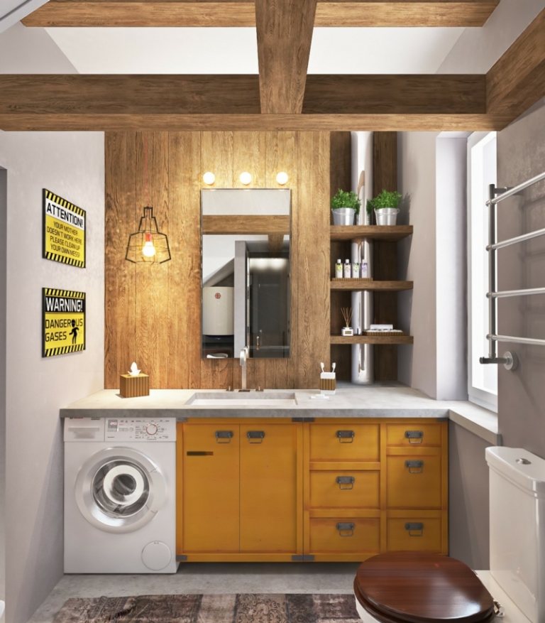 mur-beton-salle-bains-mur-bois-béton-armoires-bois-machine-laver-étagères