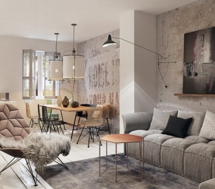 mur-beton-salle-séjour-aire-ouverte-canapé-gris-table-basse-hexagonale-fauteuil-facetté