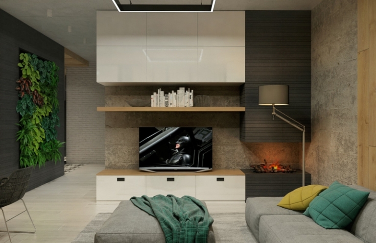 mur-beton-salle-séjour-meuble-rangement-blanc-cheminée-ouverte-grise-canapé-ottoman-gris