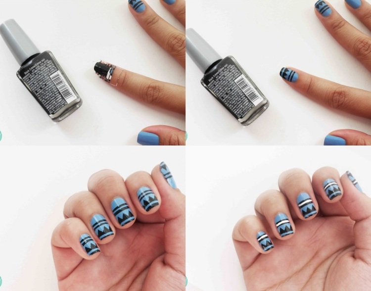 nail-art-motif-azteque-couleur-bleue-noire