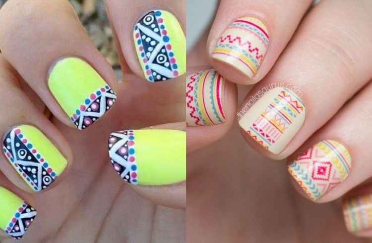 nail-art-motif-azteque-couleur-jaune-blanc-noir