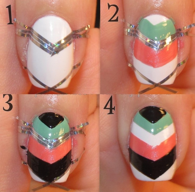 nail-art-motif-azteque-striping-tape-argente-couleur-blanche-orange-vert-menthe