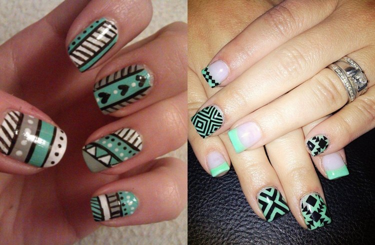 nail-art-motif-azteque-vert-menthe-base-transparente