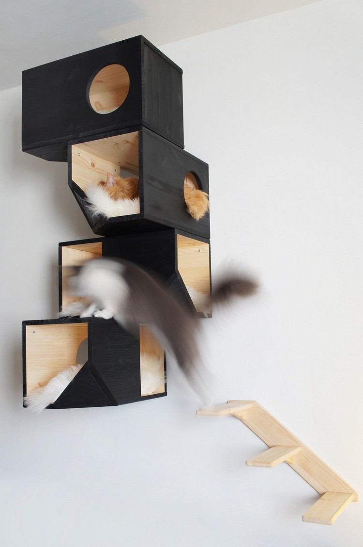 niche-pour-chat-design-original-boîtes-bois-peint-noir