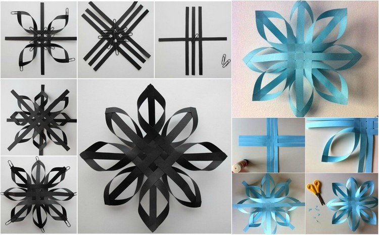 origami-Noel-flocon-neige-bleu-noir-techniques-différentes origami de Noël