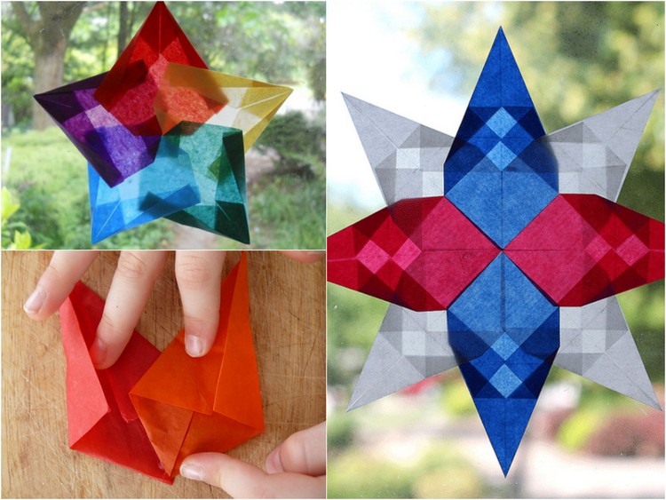 origami-Noel-étoile-papier-multicolore-déco-fenêtre origami de Noël