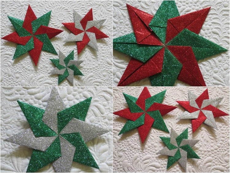 origami-Noel-étoiles-papir-pailleté-vert-rouge-argent origami de Noël