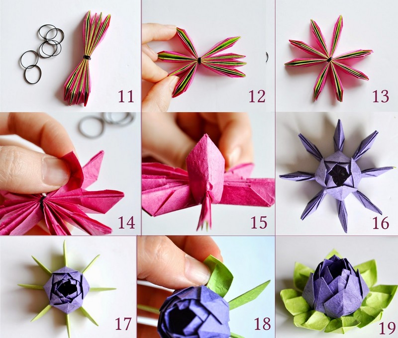 origami-facile-pliage-papier-élastiques-forme-lotus
