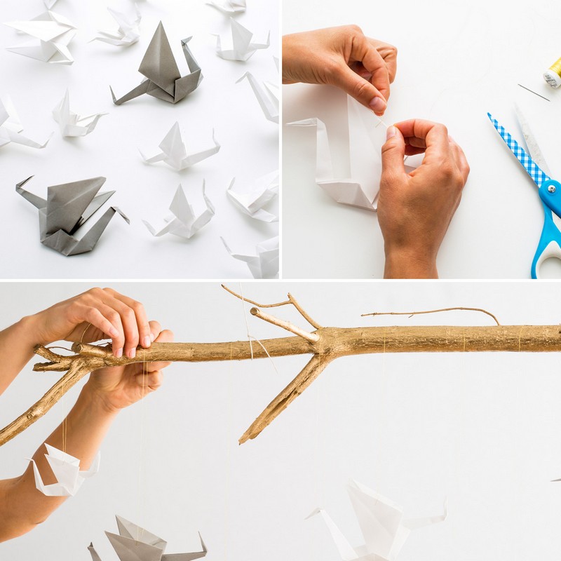 origami-faire-maison-grues-papier-fabriquer-mobile-bébé