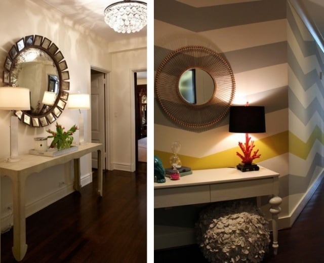 peinture-couloir-claire-décoration-miroir-rond-console