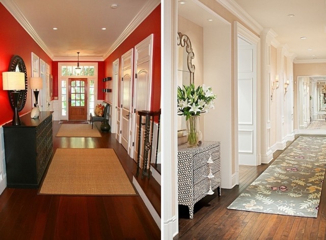 peinture-couloir-rouge-rose-pastel-tapis-plancher-bois