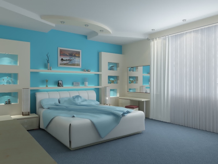 peinture-murale-chambre-coucher-bleu-grand-lit-rideau-blanc