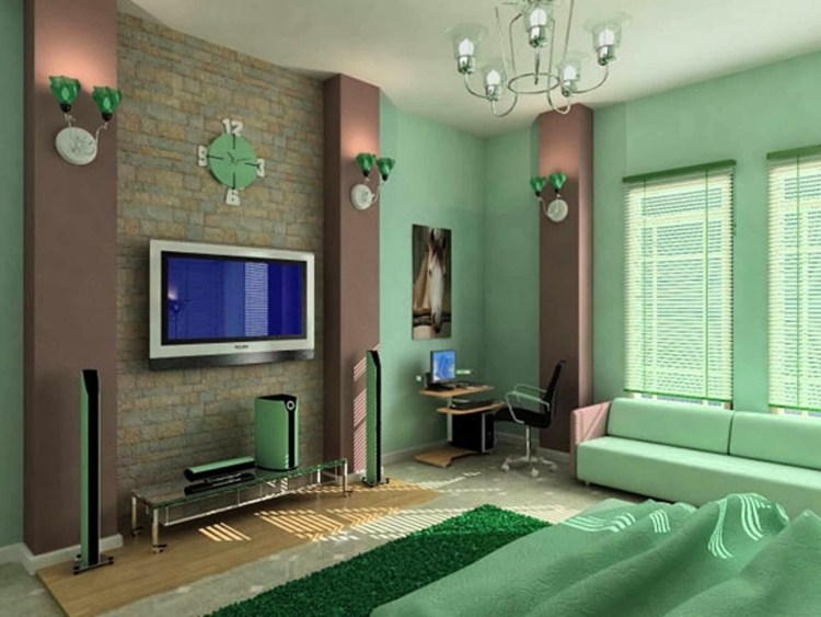 peinture-murale-chambre-coucher-vert-menth-tapis-meuble-tele-suspenison