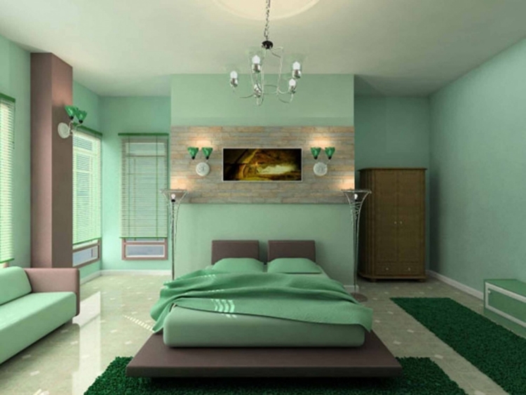 peinture-murale-chambre-coucher-vert-menthe-grand-lit