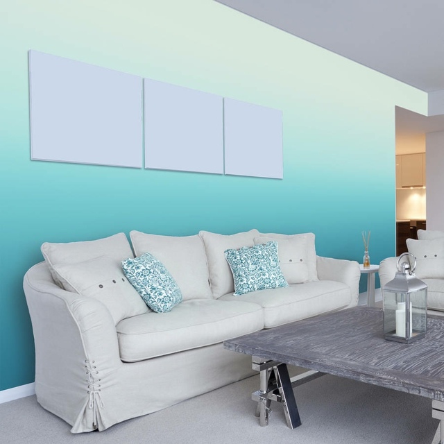 peinture-salon-effet-ombré-nuances-bleu-style-marin-canapé-blanc-table-grise peinture décorative murale