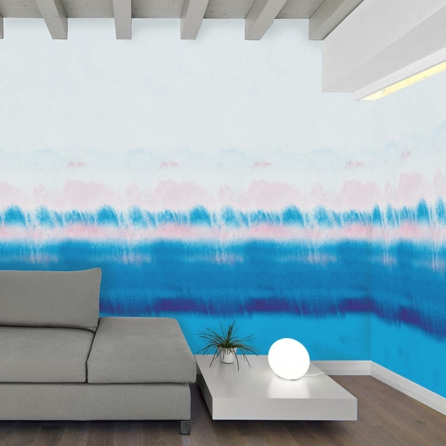 peinture-salon-effet-ombré-papier-peint-blanc-bleu-rose-canapé-gris-table-basse-grise peinture décorative murale