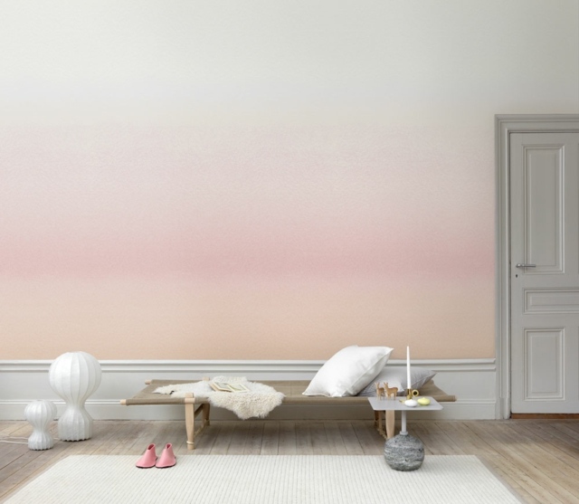 peinture-salon-effet-ombré-rose-pâle-gris-perle-beige-banc-moderne-tapis-blanc