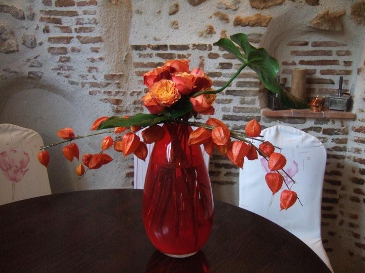 physalis-alkekengi-arrangement-fleurs-orange-feuilles-vertes-vase-verre