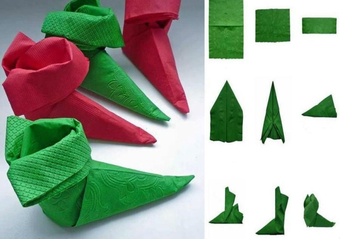 pliage-serviette-Noel-chaussettes-bottes-elfe-vert-bordeaux pliage de serviette pour Noël