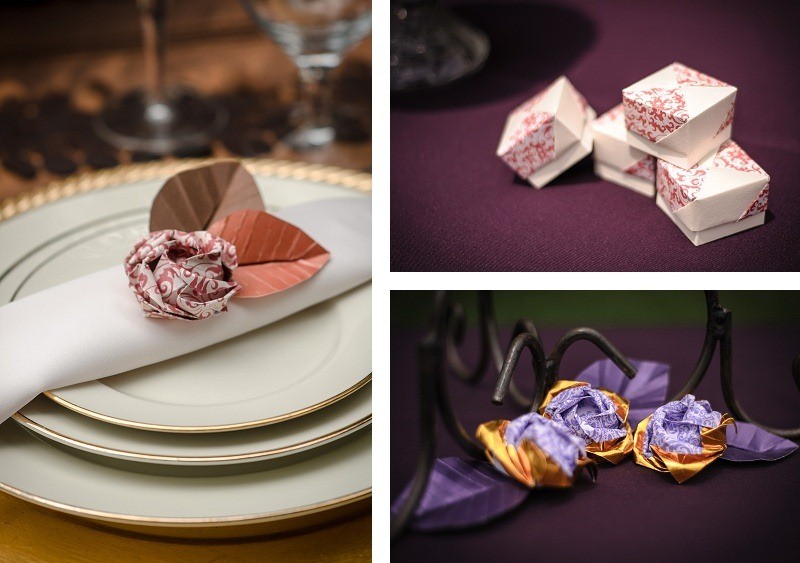 roses-boîtes-origami-décoration-mariage-rose-bourgogne-mauve