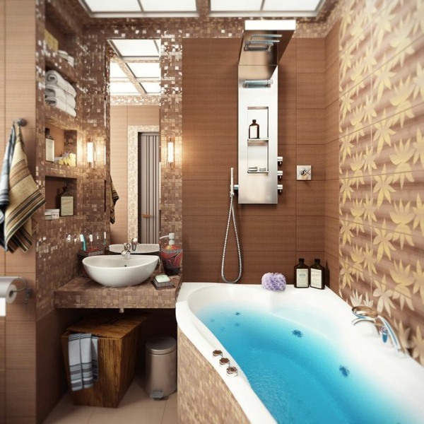 salle de bain beige marron baignoire balnéo mosaique